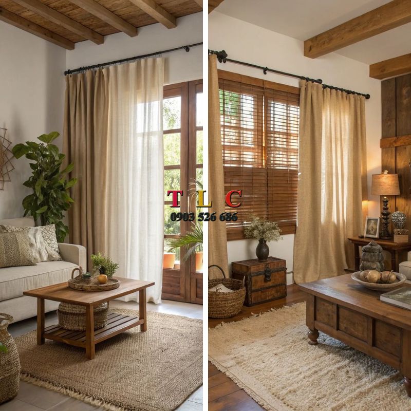 phong cách Rustic nội thất mộc mạc kết hợp với rèm vải linen, rèm sáo gỗ