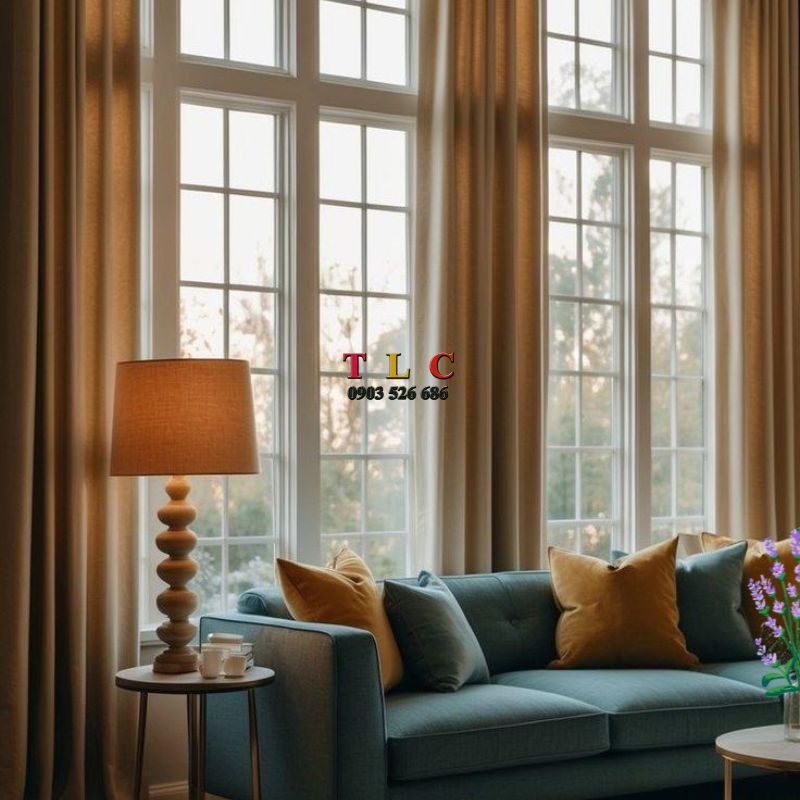 rèm cửa màu be vàng ấm áp, kết hợp với một chiếc ghế sofa nhung màu xanh