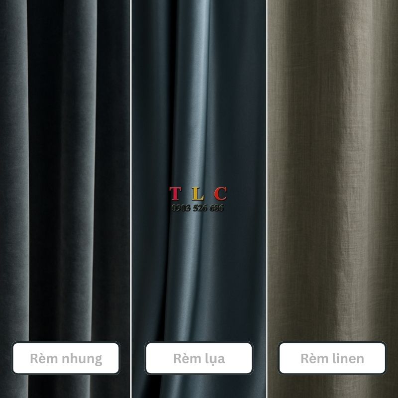 các chất liệu cao cấp cho rèm cửa phòng khách như nhung-lụa-linen
