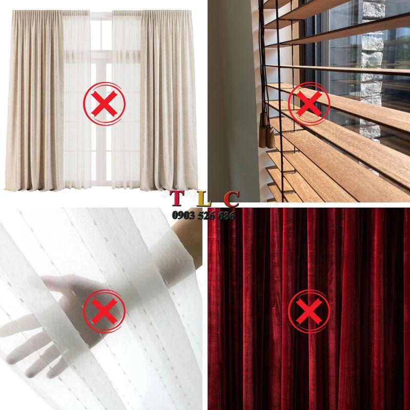 nhữnnhững chất liệu rèm không nên sử dụng cho nhà bếp như rèm vải dày, rèm voan, rèm gỗ tự nhiên, rèm nhung, lụag chất liệu rèm không nên sử dụng cho nhà bếp