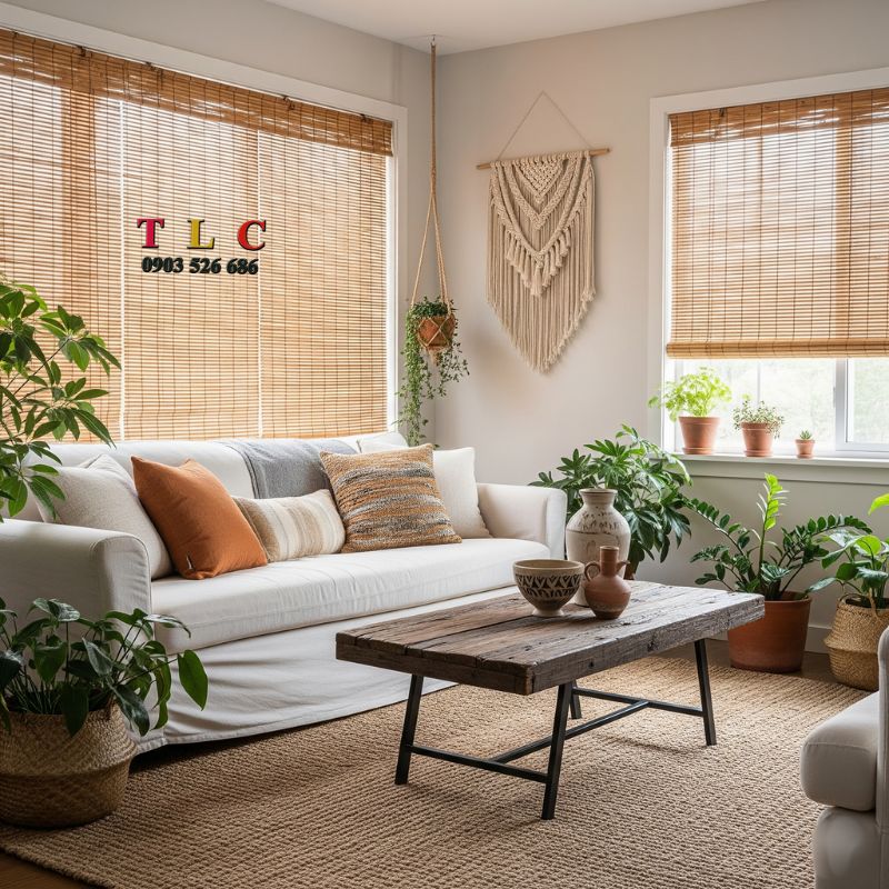 rèm cửa phòng khách chất liệu nứa thiên nhiên phong cách Eco-living