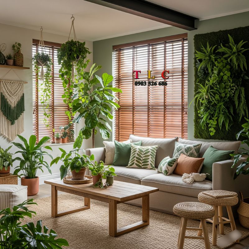 rèm sáo gỗ phòng khách phong cách Biophilic