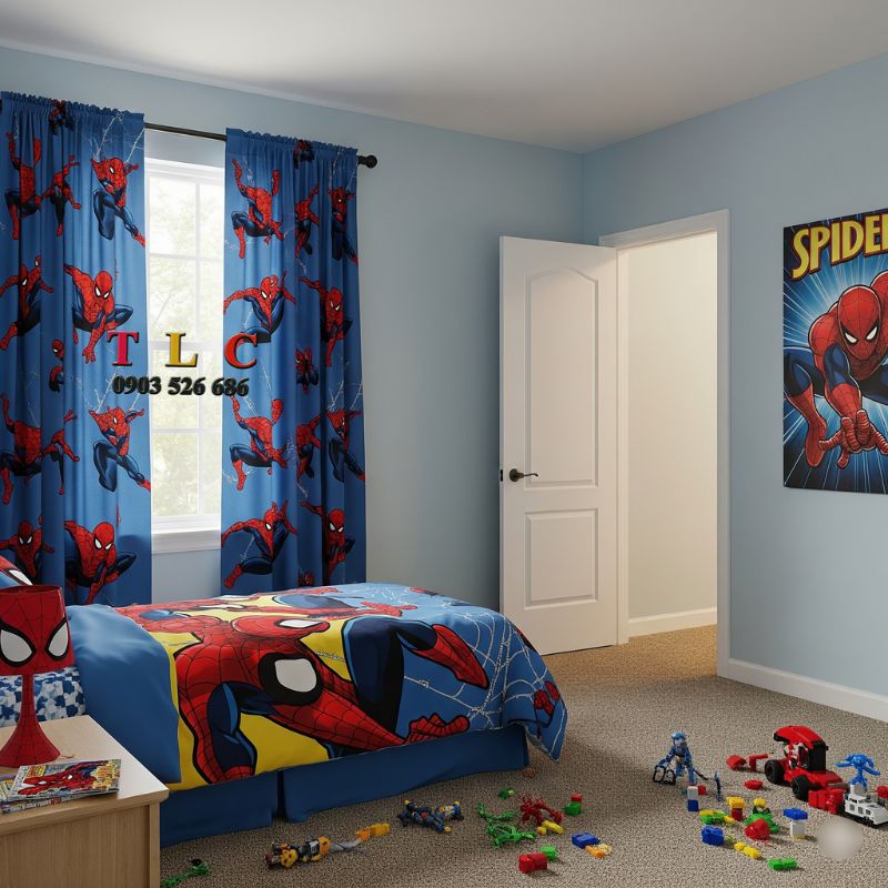 rèm vải in hoạt hình siêu nhân Spiderman cho phòng bé trai