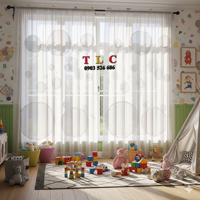 phòng vui chơi cho bé có Rèm voan in họa tiết bong bóng 3D nổi
