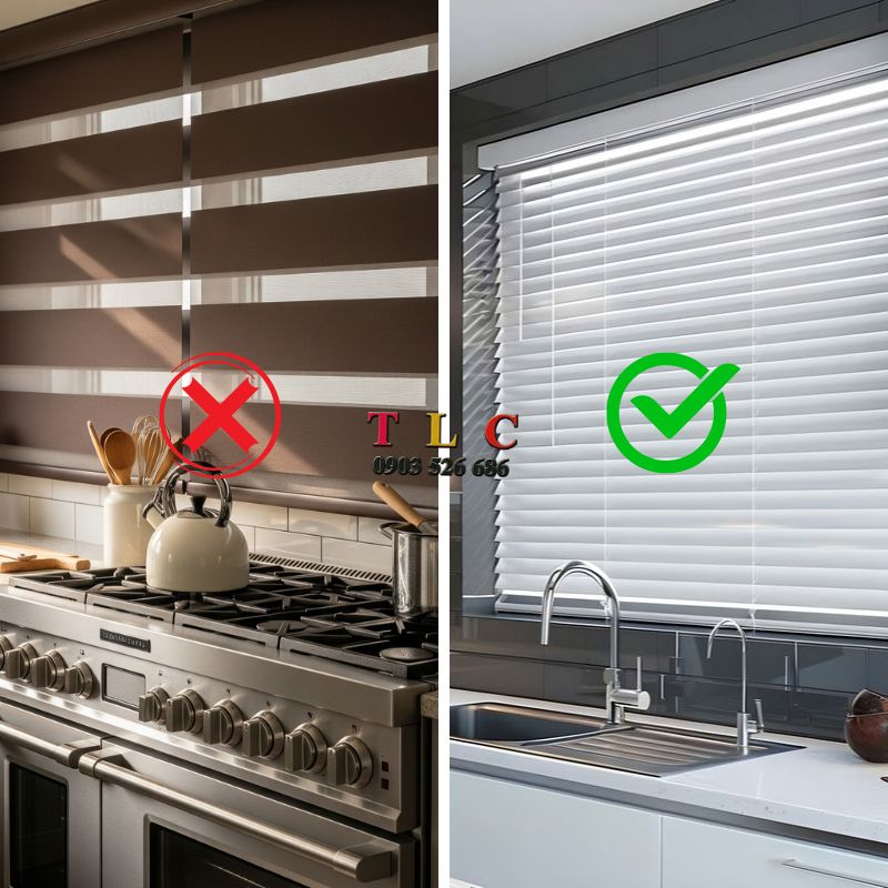 vị trí lắp đặt rèm cửa nhà bếp nên và không nên